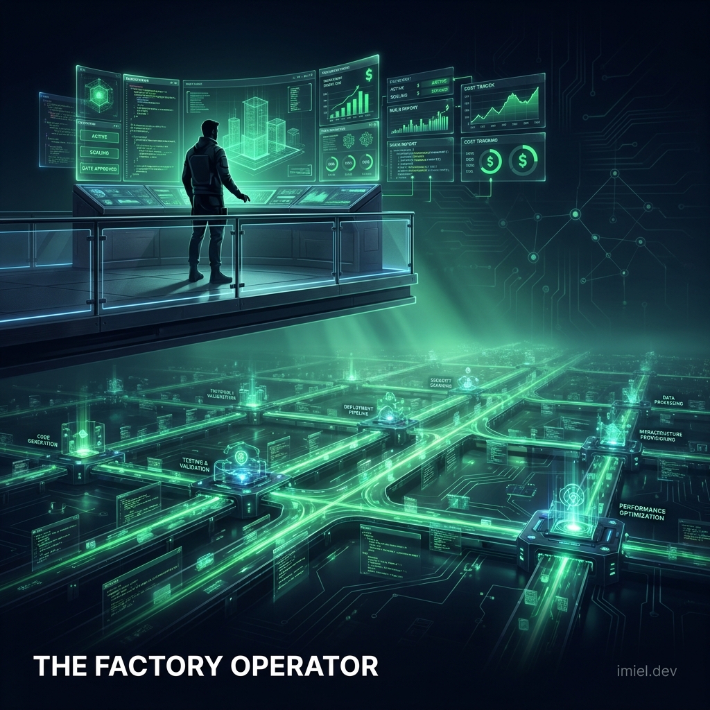 The Factory Operator: a developer silhouette overlooking an automated factory floor from a command deck
