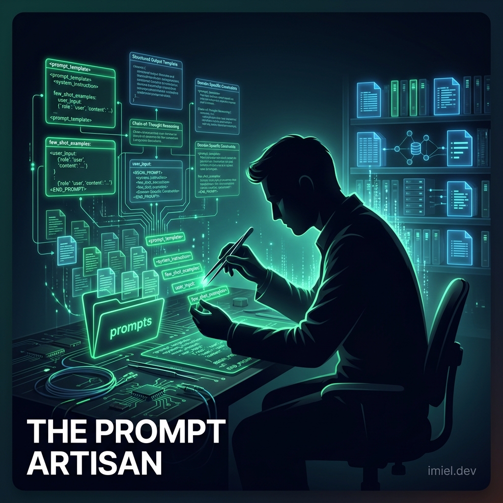 The Prompt Artisan: a silhouette meticulously crafting prompt templates at a workbench surrounded by organized files
