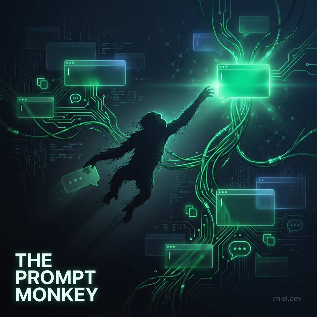 The Prompt Monkey: a silhouette swinging between glowing chat windows like vines in a digital jungle