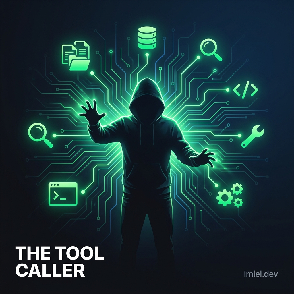 The Tool Caller: a developer silhouette surrounded by glowing tool connections, manually operating every machine